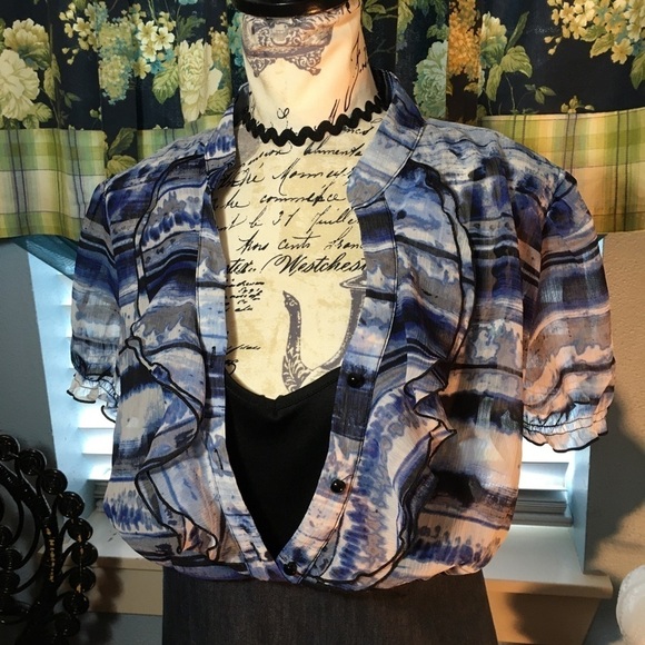 AB Studio short sleeve button front sheer top with denim skirt - Picture 4 of 7